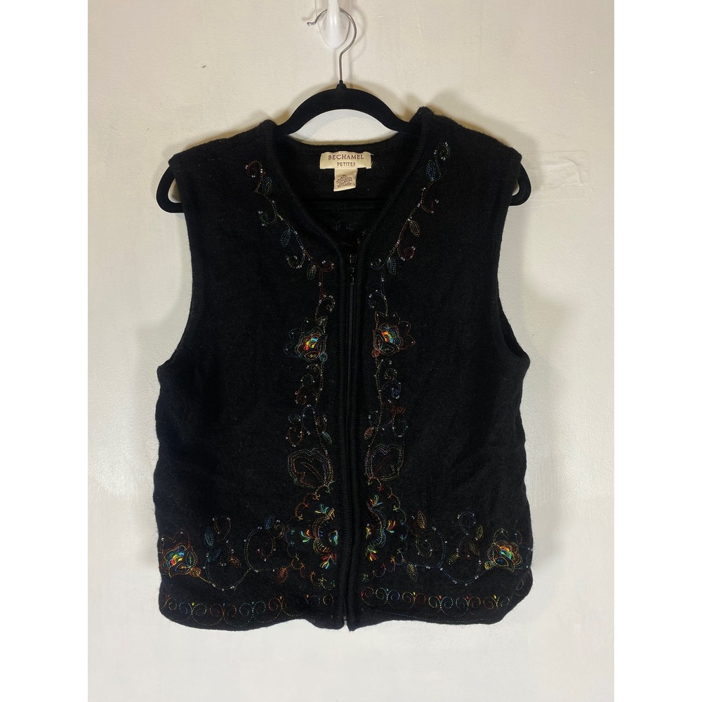 Bechamel Petites Wool Embroidered Floral Zip Vest Black PL‎ Vintage Grandmacore